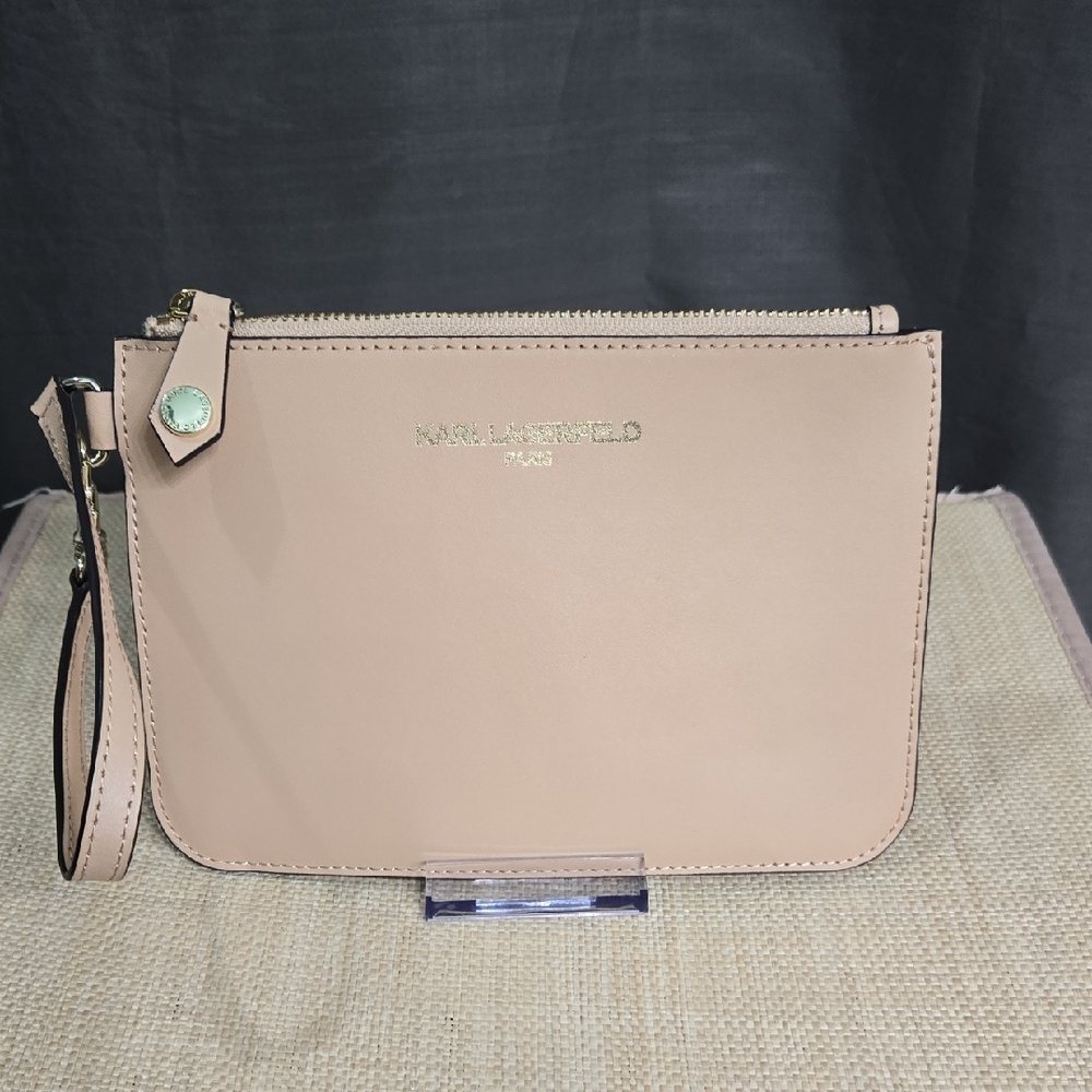 NEW! Karl Lagerfeld Tan Wristlet with Suede Interior